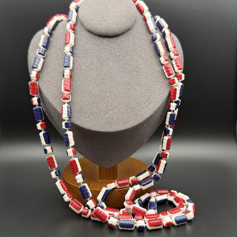 Vintage Red White & Blue Geometric Bead Necklace 54" Long Patriotic Mid Century